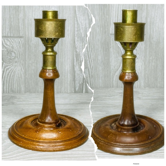 Vintage Brass Turned Wood Georgian Colonial Candlesticks set Holder / Hurricane - Picture 13 of 13